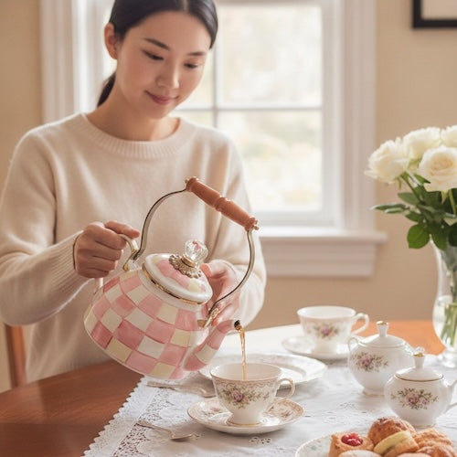 Bouilloire vintage Royale femme verse du thé dans une tasse