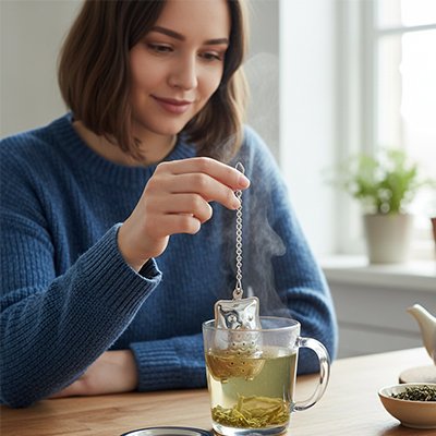 IBoule à thé originale Hibou-Fleur tenue par femme dans tasse