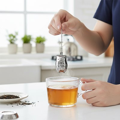 Boule à thé originale Hibou-Fleur tenue par femme sur tasse