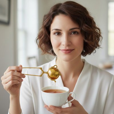 Boule pour thé -  Écolo Or - femme tient infuseur sur tasse