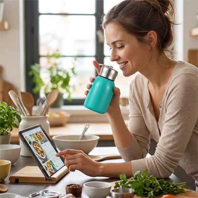 Bouteille isothermique Therma femme boit devant ses recettes