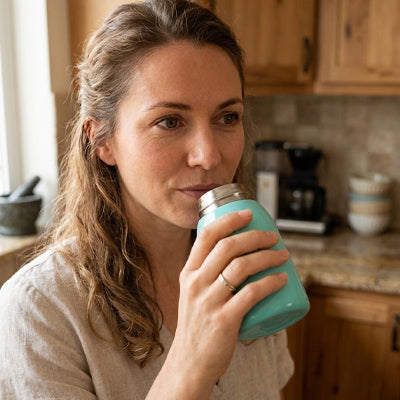 Bouteille isothermique Therma femme boit un breuvage
