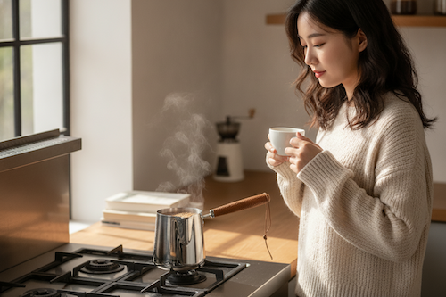 Café turc cafetiere Arômes Turc femme regarde chauffer le café