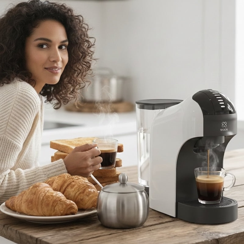 Cafetière à dosette Privilège femme avec un café près de la cafetière