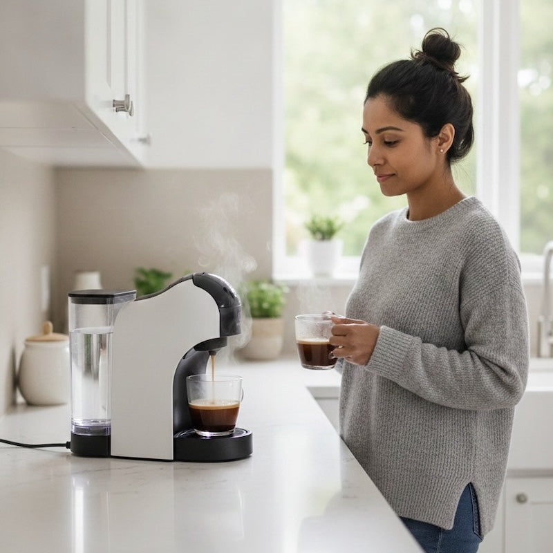 Cafetière à dosette Privilège femme devant la cafetière tient un café