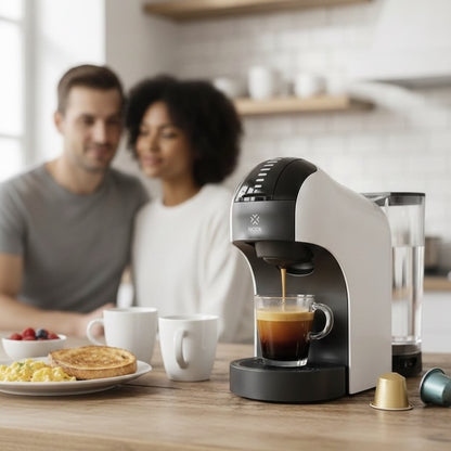 Cafetière à dosette Privilège coule un café devant un couple