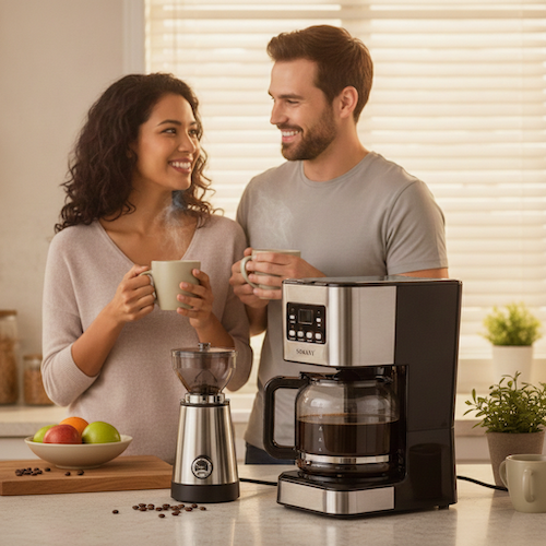 Cafetière à filtre Programmable couple déguste le café derrière la cafetière