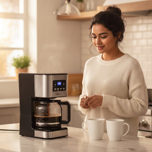 Cafetière à filtre Programmable femme regarde le café couler dans la cafetière
