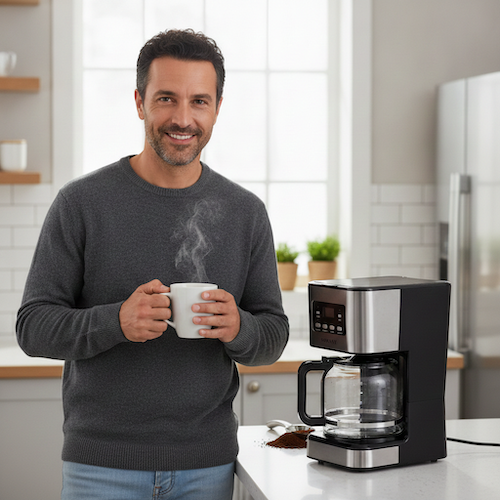Cafetière à filtre Programmable honne tient sa tasse de thé devant la cafetière