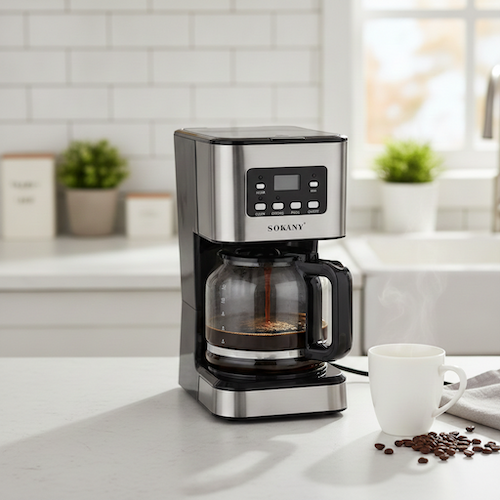 Cafetière à filtre Programmable sur le comptoir avec tasse de café