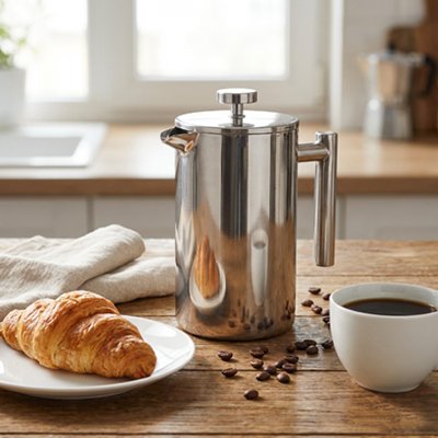 Cafetière à piston Saveur Exquise avec croissants et tasse de café