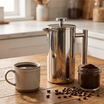 Cafetière à piston Saveur Exquise avec tasse et grains de café