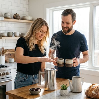 Cafetière à piston Saveur Exquise couple prépare café