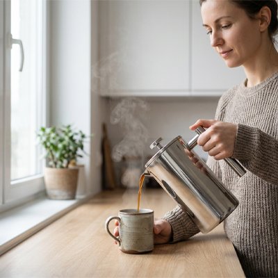 Cafetière à piston Saveur Exquise femme verse café