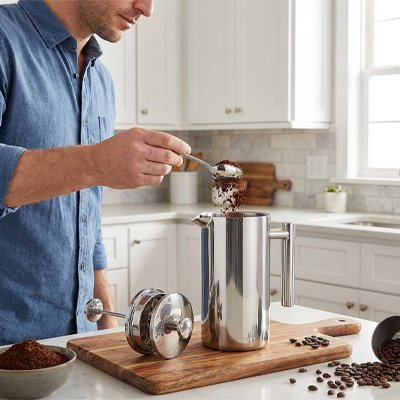 Cafetière à piston Saveur Exquise homme verse du café dans la cafetière