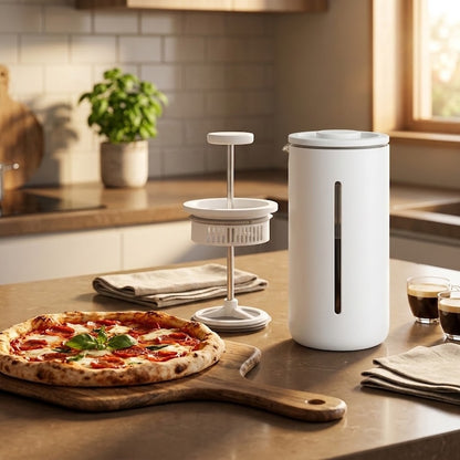 Cafetiere a piston Saveurs Premium blanc avec pizza