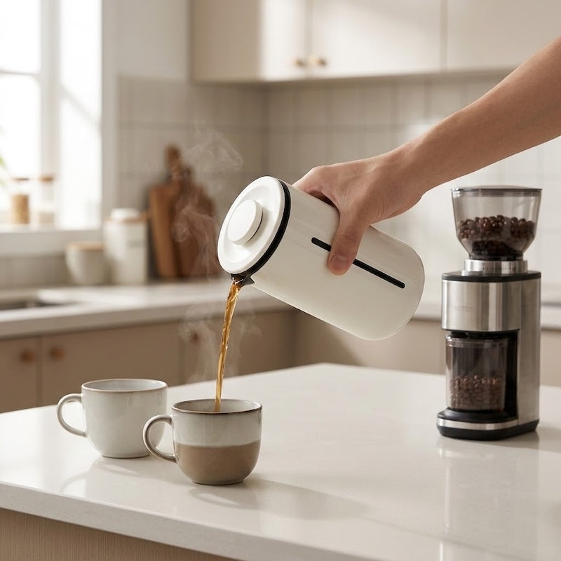 Cafetiere a piston Saveurs Premium verse café dans une tasse