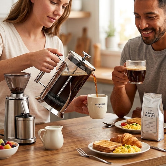 Cafetiere a poussoir Aurore café versé par une femme et un homme tient un café devant petit déjeuner