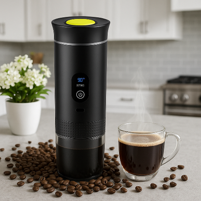 Cafetière de voyage Évasion sur comptoir avec tasse café et grains