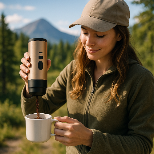 Cafetière de voyage  Nomade USB femme verse café dans tasse
