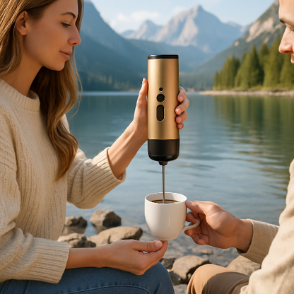 Cafetière de voyage  Nomade USB verse café près lac