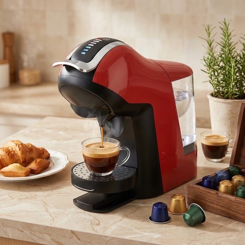 Cafetiere dosette Rapido rouge verse un café 