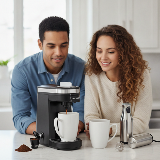 Cafetière dosette Riviera couple regarde le café couler