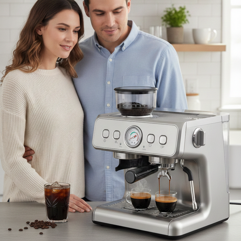 Cafetiere expresso Riviera un coujple regarde couler le café