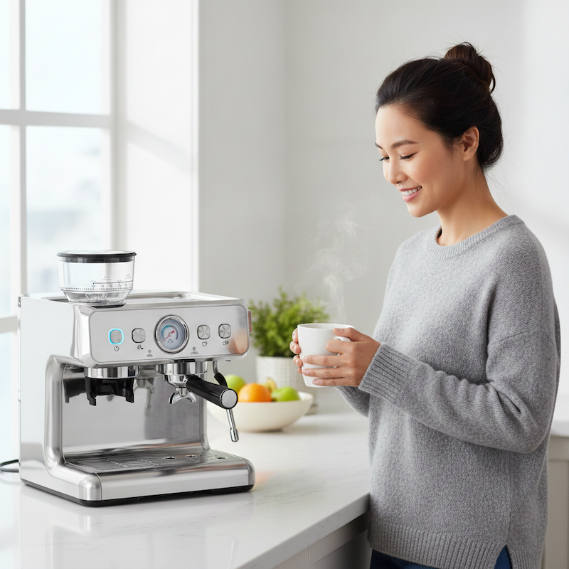 Cafetiere expresso Riviera femme près de la cafetiere tient une tasse de café
