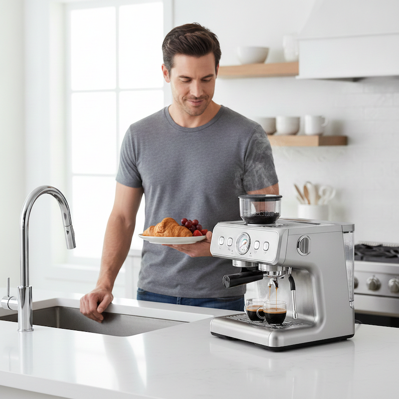 Cafetiere expresso Riviera homme près de la cfetiere tient une assiette avec croissant