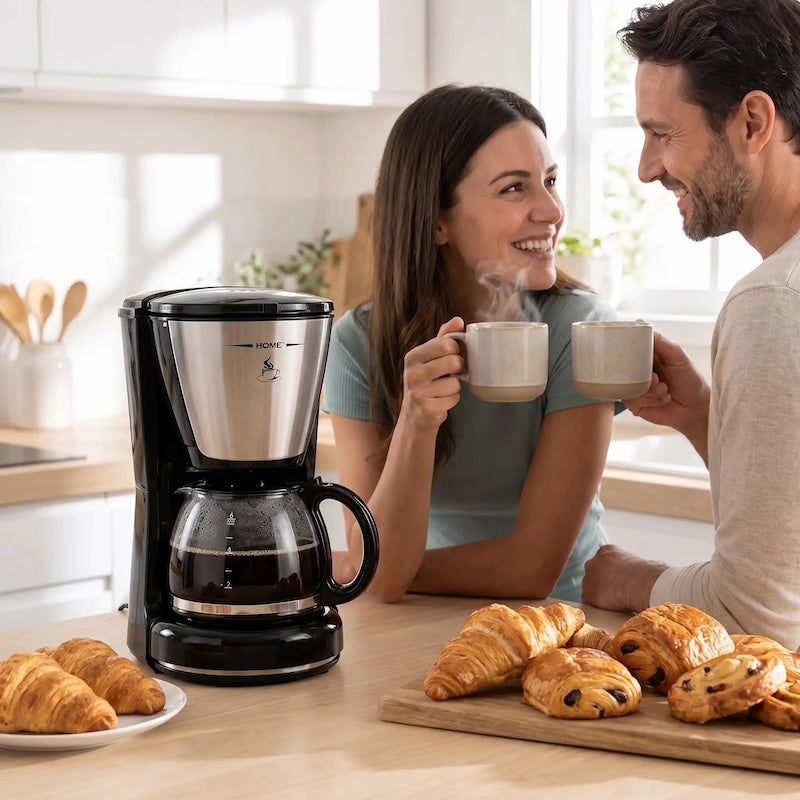 Cafetiere filtre Autobrew un couple se regardent tenant un café