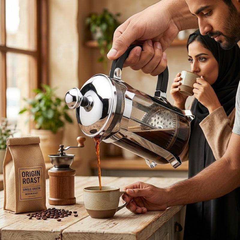Cafetiere francaise Azur homme verse un café dans une tasse