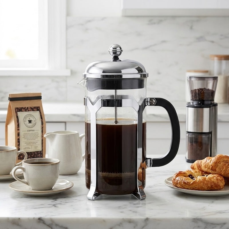 Cafetiere francaise Azur sur un comptoir avec accessoires