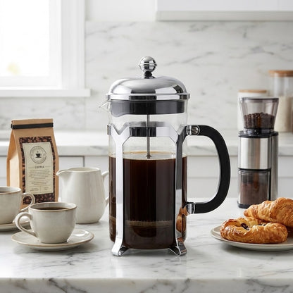 Cafetiere francaise Azur sur un comptoir avec accessoires