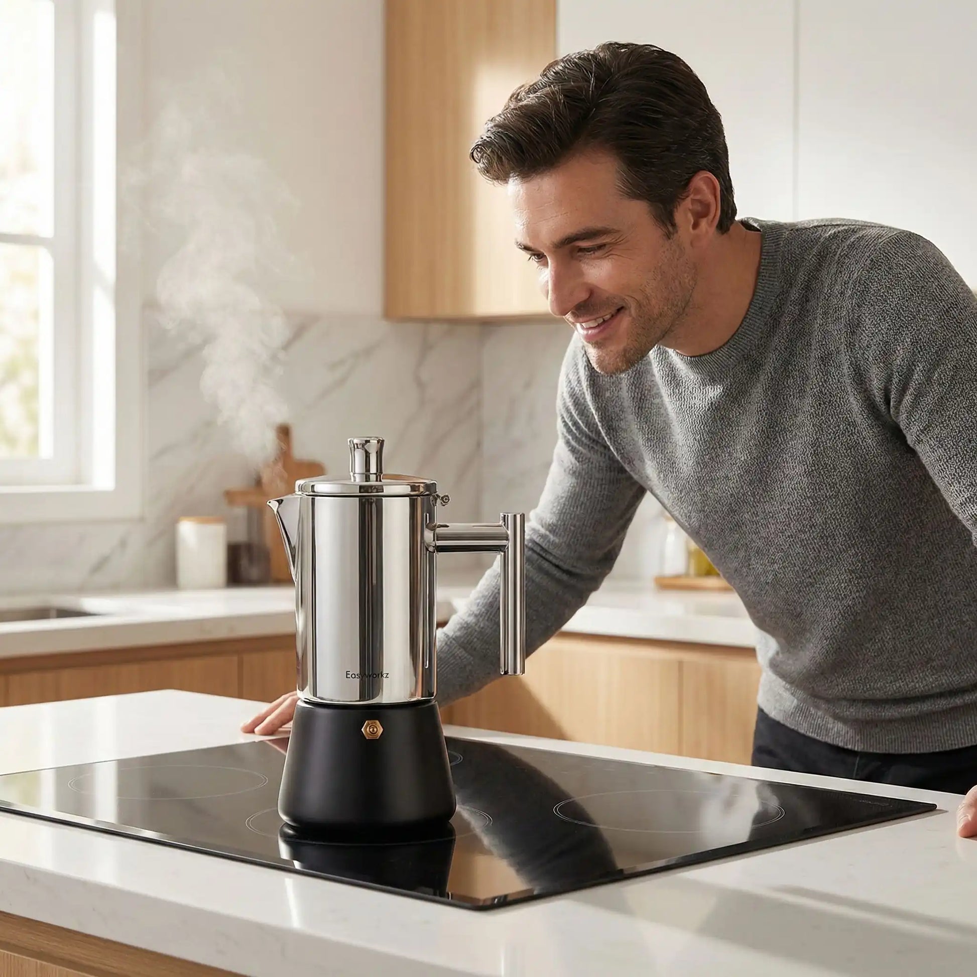 Cafetière italienne induction - Expresso Classic - homme devant cuisinière