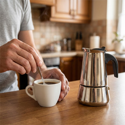 Cafetiere italienne induction MokaPerfect homme brasse son café