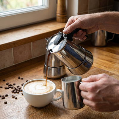 Cafetiere italienne induction MokaPerfect verse café dans une tasse