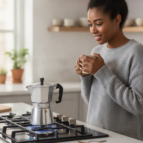 Cafetière italienne inox Moka Pot Coffee femme regarde le café chauffer sur la cuisinière