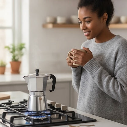 Cafetière italienne inox Moka Pot Coffee femme regarde le café chauffer sur la cuisinière