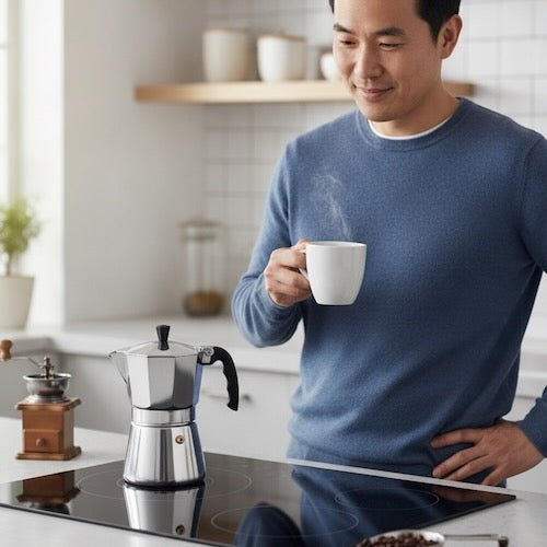 Cafetière italienne inox Moka Pot Coffee homme regarde le café chauffer sur la cuisinière
