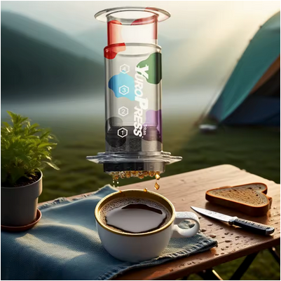 Cafetière nomade Expresso 3 min verse un café en camping