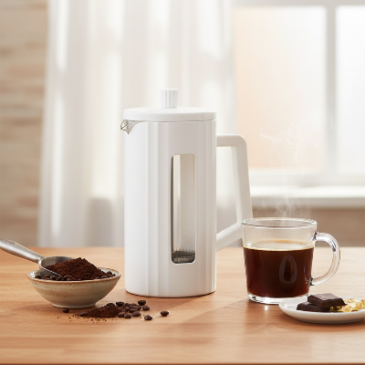 Cafetiere piston Arômes Riches sur comptoir avec café moulu et tasse de café