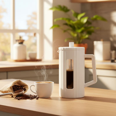 Cafetiere piston Arômes Riches blanche sur comptoir avec une tasse de café
