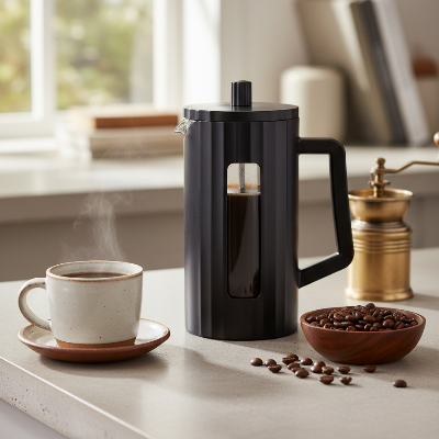 Cafetiere piston Arômes Riches noire sur table avec tasse de café et grains de café