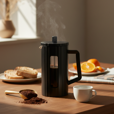 Cafetiere piston Arômes Riches noire sur table avec café moulu et tasse