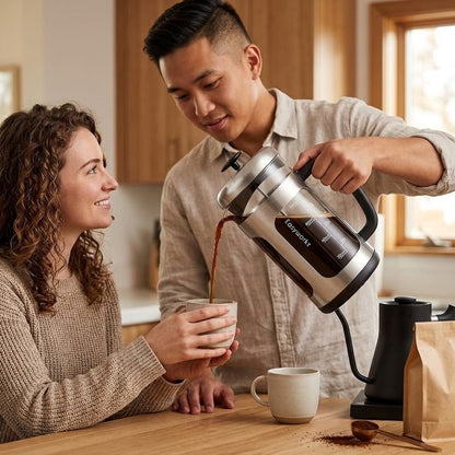Cafetière piston Infinite un homme verse un café à une femme 