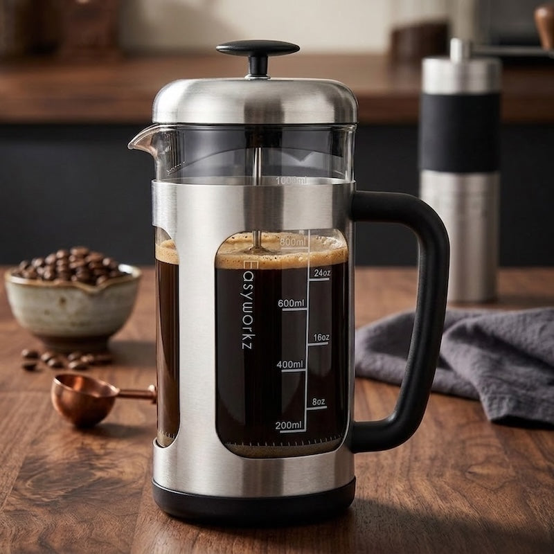 Cafetière piston Infinite sur un comptooir avex grains de café