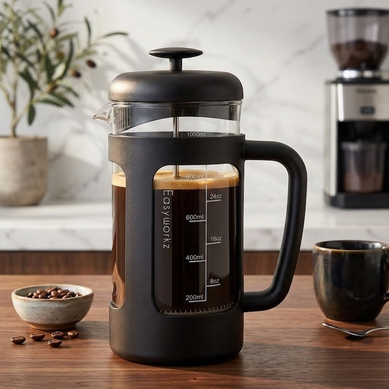 Cafetière piston Infinite sur un comptoir avec une tasse et du café en grain