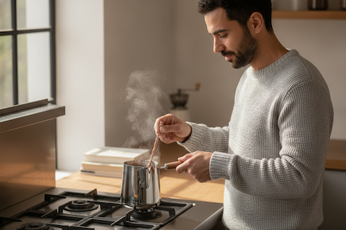 Cafetiere turc Arômes Turc homme brasse le café turc