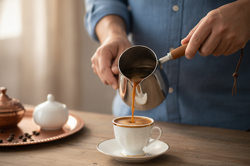 Cafetiere turc Arômes Turc homme verse du café dans une tasse